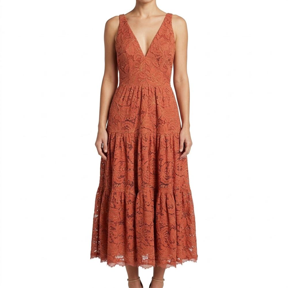Dress the Population Burnt Orange Gold Lace Tiered V-Neck Midi Dress size S